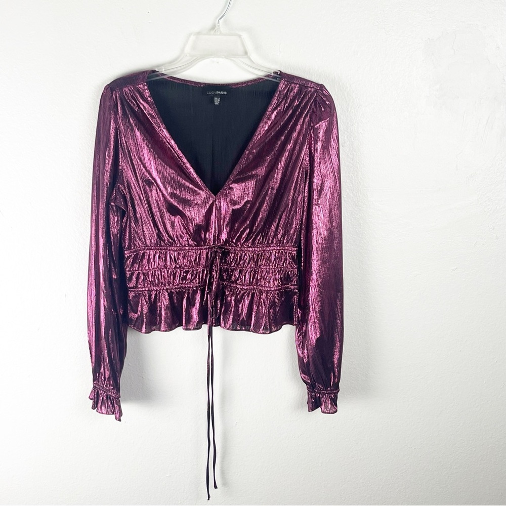 LUCY PARIS Celine Metallic Long Sleeves V-Neck Holiday Party Top Small